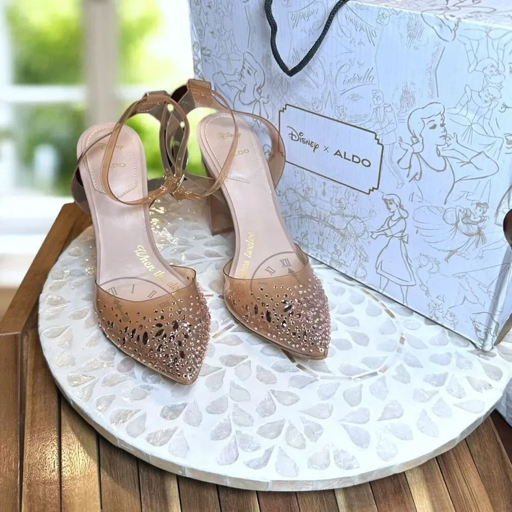 Disney x ALDO Glass Slipper Heels Clear Rhinestone Cinderella Pumps Bone Size 7.